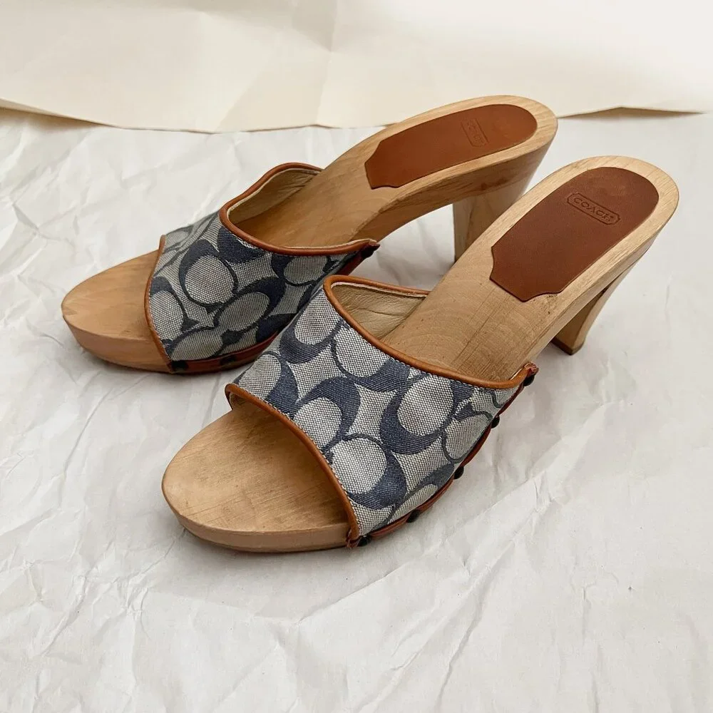 Coach Brenda Logo Wooden Platform Heeled Sandals Sz 7 Blue Made in Italy - Picture 10 of 12